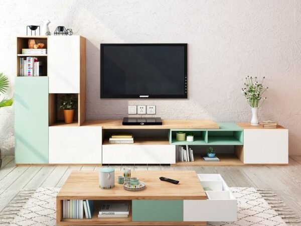 طاولة تلفزيون بأرفف تخزين و ديكور