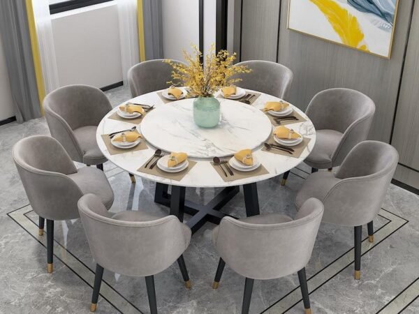 طاولة طعام دائرية رخامية مع 8 مقاعد فاخرة